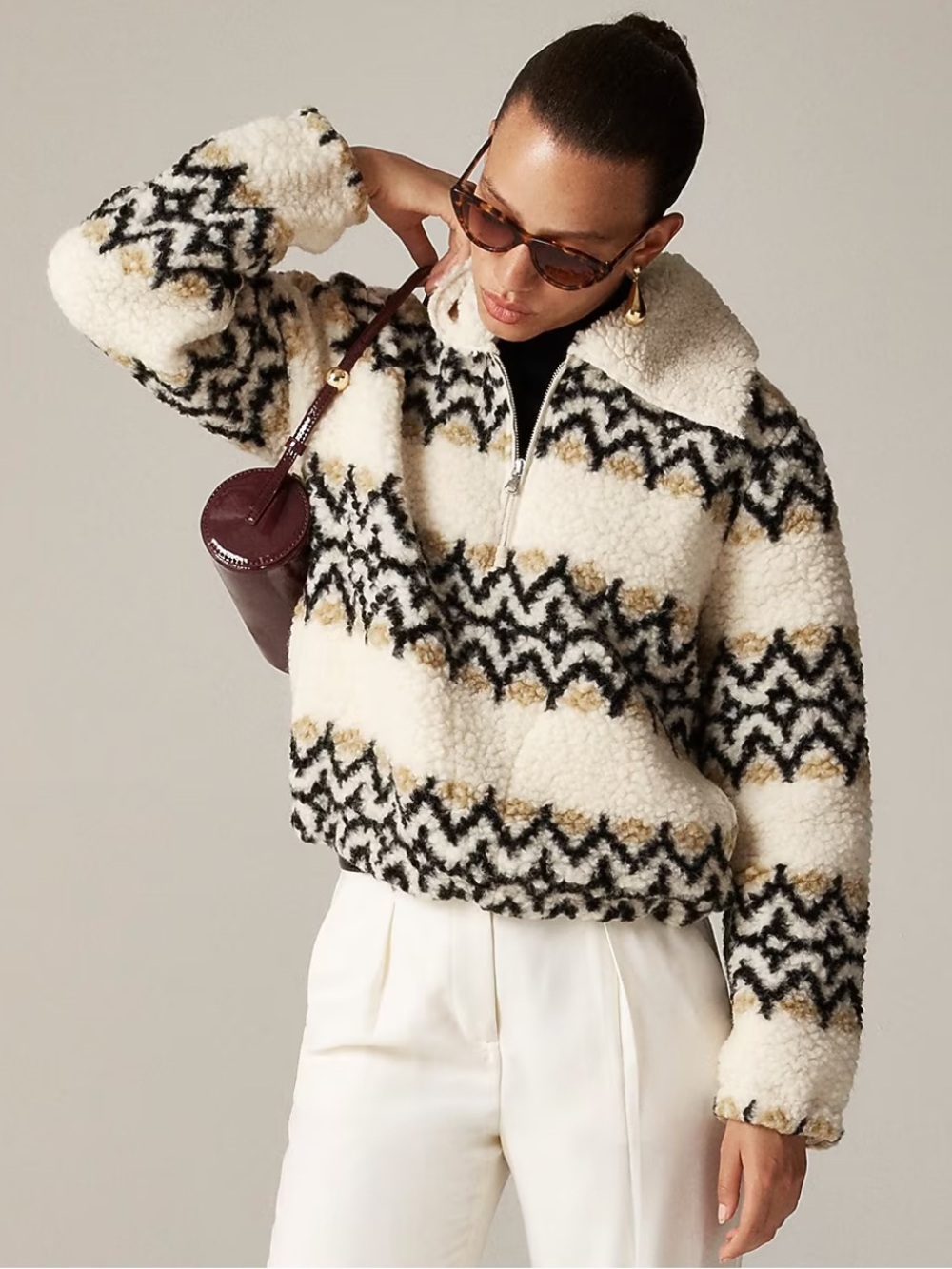 J. Crew Jacquard-Print Sherpa Half-Zip Fleece Pullover Sweater Jacket Nordic